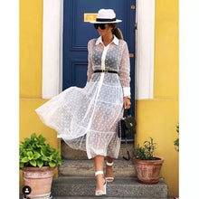Load image into Gallery viewer, Women Mesh Sheer Transparent Polka Dot Lace Cover up V Neck Button Down Maxi Dress See-through Party Clubwear Beach Dress