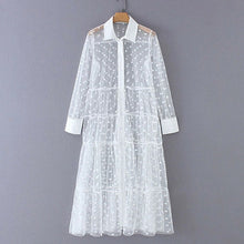 Load image into Gallery viewer, Women Mesh Sheer Transparent Polka Dot Lace Cover up V Neck Button Down Maxi Dress See-through Party Clubwear Beach Dress