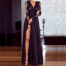 Load image into Gallery viewer, Women Sexy black lace dress Elegant Wedding Party Dresses V Neck Long Sleeve Split Long Evening Party perspective Ladies Dress